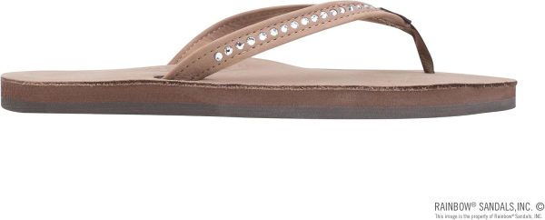 Rainbow Sandals Women's Single Layer Premier Leather w/Swarovski Crystal Narrow Strap. Dark Brown. Ladies Medium / 6.5-7.5 B(M) US | Flip-Flops
