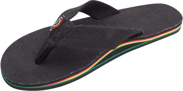 Rainbow Sandals Women's Single Layer Hemp. Black w/Rasta Mid Sole. Ladies. Medium 6.5-7.5 D(M) US | Flip-Flops