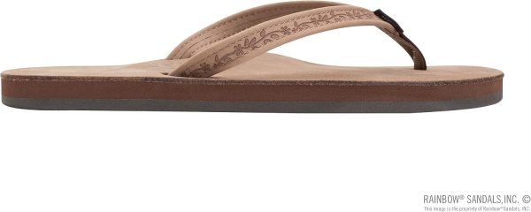 Rainbow Sandals Ladies Las Flores - Single Layer Premier Leather with a Floral 1arrow Strap. Dark Brown. Ladies 5.5-6.5 | Flats